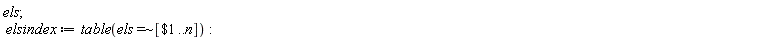 els; elsindex := table(`~`[`=`](els, [`$`(1 .. n)]))
