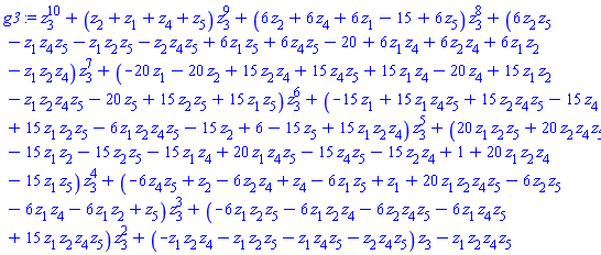 z[3]^10+(z[2]+z[1]+z[4]+z[5])*z[3]^9+(6*z[2]+6*z[4]+6*z[1]-15+6*z[5])*z[3]^8+(6*z[2]*z[5]-z[1]*z[4]*z[5]-z[1]*z[2]*z[5]-z[2]*z[4]*z[5]+6*z[1]*z[5]+6*z[4]*z[5]-20+6*z[1]*z[4]+6*z[2]*z[4]+6*z[1]*z[2]-z[1]*z[2]*z[4])*z[3]^7+(-20*z[1]-20*z[2]+15*z[2]*z[4]+15*z[4]*z[5]+15*z[1]*z[4]-20*z[4]+15*z[1]*z[2]-z[1]*z[2]*z[4]*z[5]-20*z[5]+15*z[2]*z[5]+15*z[1]*z[5])*z[3]^6+(-15*z[1]+15*z[1]*z[4]*z[5]+15*z[2]*z[4]*z[5]-15*z[4]+15*z[1]*z[2]*z[5]-6*z[1]*z[2]*z[4]*z[5]-15*z[2]+6-15*z[5]+15*z[1]*z[2]*z[4])*z[3]^5+(20*z[1]*z[2]*z[5]+20*z[2]*z[4]*z[5]-15*z[1]*z[2]-15*z[2]*z[5]-15*z[1]*z[4]+20*z[1]*z[4]*z[5]-15*z[4]*z[5]-15*z[2]*z[4]+1+20*z[1]*z[2]*z[4]-15*z[1]*z[5])*z[3]^4+(-6*z[4]*z[5]+z[2]-6*z[2]*z[4]+z[4]-6*z[1]*z[5]+z[1]+20*z[1]*z[2]*z[4]*z[5]-6*z[2]*z[5]-6*z[1]*z[4]-6*z[1]*z[2]+z[5])*z[3]^3+(-6*z[1]*z[2]*z[5]-6*z[1]*z[2]*z[4]-6*z[2]*z[4]*z[5]-6*z[1]*z[4]*z[5]+15*z[1]*z[2]*z[4]*z[5])*z[3]^2+(-z[1]*z[2]*z[4]-z[1]*z[2]*z[5]-z[1]*z[4]*z[5]-z[2]*z[4]*z[5])*z[3]-z[1]*z[2]*z[4]*z[5]