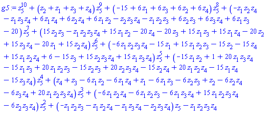 z[5]^10+(z[2]+z[1]+z[3]+z[4])*z[5]^9+(-15+6*z[1]+6*z[3]+6*z[2]+6*z[4])*z[5]^8+(-z[1]*z[2]*z[4]-z[1]*z[3]*z[4]+6*z[1]*z[4]+6*z[2]*z[4]+6*z[1]*z[2]-z[2]*z[3]*z[4]-z[1]*z[2]*z[3]+6*z[2]*z[3]+6*z[3]*z[4]+6*z[1]*z[3]-20)*z[5]^7+(15*z[2]*z[3]-z[1]*z[2]*z[3]*z[4]+15*z[1]*z[2]-20*z[4]-20*z[3]+15*z[1]*z[3]+15*z[1]*z[4]-20*z[2]+15*z[3]*z[4]-20*z[1]+15*z[2]*z[4])*z[5]^6+(-6*z[1]*z[2]*z[3]*z[4]-15*z[1]+15*z[1]*z[2]*z[3]-15*z[2]-15*z[4]+15*z[1]*z[2]*z[4]+6-15*z[3]+15*z[2]*z[3]*z[4]+15*z[1]*z[3]*z[4])*z[5]^5+(-15*z[1]*z[2]+1+20*z[1]*z[3]*z[4]-15*z[1]*z[3]+20*z[1]*z[2]*z[3]-15*z[2]*z[3]+20*z[2]*z[3]*z[4]-15*z[2]*z[4]+20*z[1]*z[2]*z[4]-15*z[1]*z[4]-15*z[3]*z[4])*z[5]^4+(z[4]+z[3]-6*z[1]*z[2]-6*z[1]*z[4]+z[1]-6*z[1]*z[3]-6*z[2]*z[3]+z[2]-6*z[2]*z[4]-6*z[3]*z[4]+20*z[1]*z[2]*z[3]*z[4])*z[5]^3+(-6*z[1]*z[2]*z[4]-6*z[1]*z[2]*z[3]-6*z[1]*z[3]*z[4]+15*z[1]*z[2]*z[3]*z[4]-6*z[2]*z[3]*z[4])*z[5]^2+(-z[1]*z[2]*z[3]-z[1]*z[2]*z[4]-z[1]*z[3]*z[4]-z[2]*z[3]*z[4])*z[5]-z[1]*z[2]*z[3]*z[4]