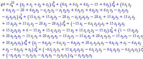 z[4]^10+(z[3]+z[1]+z[2]+z[5])*z[4]^9+(6*z[1]+6*z[2]+6*z[5]-15+6*z[3])*z[4]^8+(6*z[1]*z[2]+6*z[1]*z[5]-20+6*z[2]*z[3]-z[1]*z[2]*z[3]-z[1]*z[2]*z[5]+6*z[3]*z[5]+6*z[2]*z[5]+6*z[1]*z[3]-z[1]*z[3]*z[5]-z[2]*z[3]*z[5])*z[4]^7+(15*z[1]*z[5]+15*z[2]*z[3]-20*z[5]-z[1]*z[2]*z[3]*z[5]-20*z[1]+15*z[2]*z[5]+15*z[1]*z[3]+15*z[3]*z[5]+15*z[1]*z[2]-20*z[2]-20*z[3])*z[4]^6+(-15*z[1]-6*z[1]*z[2]*z[3]*z[5]+15*z[1]*z[2]*z[5]+15*z[2]*z[3]*z[5]+6-15*z[2]+15*z[1]*z[3]*z[5]-15*z[3]+15*z[1]*z[2]*z[3]-15*z[5])*z[4]^5+(1-15*z[2]*z[3]+20*z[1]*z[2]*z[5]-15*z[1]*z[3]+20*z[1]*z[2]*z[3]-15*z[2]*z[5]-15*z[1]*z[2]+20*z[1]*z[3]*z[5]-15*z[3]*z[5]-15*z[1]*z[5]+20*z[2]*z[3]*z[5])*z[4]^4+(z[1]-6*z[2]*z[3]-6*z[1]*z[2]-6*z[2]*z[5]+20*z[1]*z[2]*z[3]*z[5]-6*z[1]*z[3]+z[5]-6*z[1]*z[5]+z[2]-6*z[3]*z[5]+z[3])*z[4]^3+(-6*z[1]*z[2]*z[5]+15*z[1]*z[2]*z[3]*z[5]-6*z[1]*z[2]*z[3]-6*z[1]*z[3]*z[5]-6*z[2]*z[3]*z[5])*z[4]^2+(-z[1]*z[2]*z[3]-z[1]*z[2]*z[5]-z[1]*z[3]*z[5]-z[2]*z[3]*z[5])*z[4]-z[1]*z[2]*z[3]*z[5]