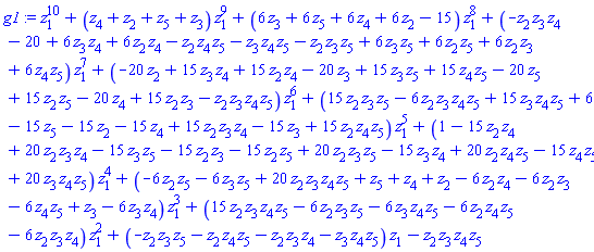 z[1]^10+(z[4]+z[2]+z[5]+z[3])*z[1]^9+(6*z[3]+6*z[5]+6*z[4]+6*z[2]-15)*z[1]^8+(-z[2]*z[3]*z[4]-20+6*z[3]*z[4]+6*z[2]*z[4]-z[2]*z[4]*z[5]-z[3]*z[4]*z[5]-z[2]*z[3]*z[5]+6*z[3]*z[5]+6*z[2]*z[5]+6*z[2]*z[3]+6*z[4]*z[5])*z[1]^7+(-20*z[2]+15*z[3]*z[4]+15*z[2]*z[4]-20*z[3]+15*z[3]*z[5]+15*z[4]*z[5]-20*z[5]+15*z[2]*z[5]-20*z[4]+15*z[2]*z[3]-z[2]*z[3]*z[4]*z[5])*z[1]^6+(15*z[2]*z[3]*z[5]-6*z[2]*z[3]*z[4]*z[5]+15*z[3]*z[4]*z[5]+6-15*z[5]-15*z[2]-15*z[4]+15*z[2]*z[3]*z[4]-15*z[3]+15*z[2]*z[4]*z[5])*z[1]^5+(1-15*z[2]*z[4]+20*z[2]*z[3]*z[4]-15*z[3]*z[5]-15*z[2]*z[3]-15*z[2]*z[5]+20*z[2]*z[3]*z[5]-15*z[3]*z[4]+20*z[2]*z[4]*z[5]-15*z[4]*z[5]+20*z[3]*z[4]*z[5])*z[1]^4+(-6*z[2]*z[5]-6*z[3]*z[5]+20*z[2]*z[3]*z[4]*z[5]+z[5]+z[4]+z[2]-6*z[2]*z[4]-6*z[2]*z[3]-6*z[4]*z[5]+z[3]-6*z[3]*z[4])*z[1]^3+(15*z[2]*z[3]*z[4]*z[5]-6*z[2]*z[3]*z[5]-6*z[3]*z[4]*z[5]-6*z[2]*z[4]*z[5]-6*z[2]*z[3]*z[4])*z[1]^2+(-z[2]*z[3]*z[5]-z[2]*z[4]*z[5]-z[2]*z[3]*z[4]-z[3]*z[4]*z[5])*z[1]-z[2]*z[3]*z[4]*z[5]