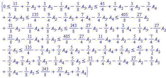 {0 <= 15/8+(7/8)*A[2]+(3/8)*A[3]-(1/8)*A[4]-(5/8)*A[5], A[2] <= 45/4+(5/4)*A[2]-(3/4)*A[3]-(3/4)*A[4]+(5/4)*A[5], A[3] <= 135/4-(9/4)*A[2]-(5/4)*A[3]+(7/4)*A[4]-(5/4)*A[5], A[4] <= 405/8-(27/8)*A[2]+(21/8)*A[3]-(11/8)*A[4]+(5/8)*A[5], A[5] <= 243/8+(27/8)*A[2]-(9/8)*A[3]+(3/8)*A[4]-(1/8)*A[5], -(27/8)*A[2]+(21/8)*A[3]-(11/8)*A[4]+(5/8)*A[5] <= 405/8-(27/4)*A[2]-(11/4)*A[4], -(9/4)*A[2]-(5/4)*A[3]+(7/4)*A[4]-(5/4)*A[5] <= 135/4-(9/2)*A[2]+(7/2)*A[4], (5/4)*A[2]-(3/4)*A[3]-(3/4)*A[4]+(5/4)*A[5] <= 45/4+(5/2)*A[2]-(3/2)*A[4], (7/8)*A[2]+(3/8)*A[3]-(1/8)*A[4]-(5/8)*A[5] <= 15/8+(7/4)*A[2]-(1/4)*A[4], (27/8)*A[2]-(9/8)*A[3]+(3/8)*A[4]-(1/8)*A[5] <= 243/8+(27/4)*A[2]+(3/4)*A[4]}