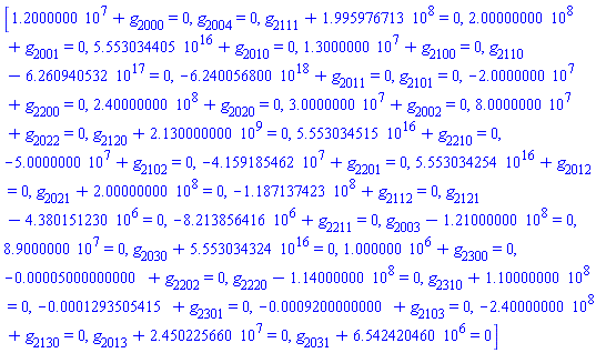 [12000000.+g[2000] = 0, g[2004] = 0, g[2111]+199597671.3 = 0, 200000000.+g[2001] = 0, 0.5553034405e17+g[2010] = 0, 13000000.+g[2100] = 0, g[2110]-0.6260940532e18 = 0, -0.6240056800e19+g[2011] = 0, g[2101] = 0, -20000000.+g[2200] = 0, 240000000.+g[2020] = 0, 30000000.+g[2002] = 0, 80000000.+g[2022] = 0, g[2120]+2130000000. = 0, 0.5553034515e17+g[2210] = 0, -50000000.+g[2102] = 0, -41591854.62+g[2201] = 0, 0.5553034254e17+g[2012] = 0, g[2021]+200000000. = 0, -118713742.3+g[2112] = 0, g[2121]-4380151.230 = 0, -8213856.416+g[2211] = 0, g[2003]-121000000. = 0, 89000000. = 0, g[2030]+0.5553034324e17 = 0, 1000000.+g[2300] = 0, -0.5000000000e-4+g[2202] = 0, g[2220]-114000000. = 0, g[2310]+110000000. = 0, -0.1293505415e-3+g[2301] = 0, -0.9200000000e-3+g[2103] = 0, -240000000.+g[2130] = 0, g[2013]+24502256.60 = 0, g[2031]+6542420.460 = 0]