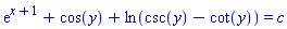 exp(x+1)+cos(y)+ln(csc(y)-cot(y)) = c