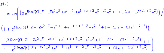 y(x) = arctan(2*exp(RootOf(_Z+_Z*exp(2*_Z)+exp(x+1)+exp(1+x+2*_Z)-exp(2*_Z)+1+_C1*exp(1)+_C1*exp(1+2*_Z)))/(1+exp(2*RootOf(_Z+_Z*exp(2*_Z)+exp(x+1)+exp(1+x+2*_Z)-exp(2*_Z)+1+_C1*exp(1)+_C1*exp(1+2*_Z)))), (-exp(2*RootOf(_Z+_Z*exp(2*_Z)+exp(x+1)+exp(1+x+2*_Z)-exp(2*_Z)+1+_C1*exp(1)+_C1*exp(1+2*_Z)))+1)/(1+exp(2*RootOf(_Z+_Z*exp(2*_Z)+exp(x+1)+exp(1+x+2*_Z)-exp(2*_Z)+1+_C1*exp(1)+_C1*exp(1+2*_Z)))))