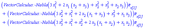 Vector[column]([[Nabla*(3*x[1]^2+2*x[1]*(x[2]+x[3])+x[2]^2+x[3]^2+x[2]*x[3])], [Nabla*(3*x[2]^2+x[1]^2+2*x[2]*(x[1]+x[3])+x[3]^2+x[1]*x[3])], [Nabla*(3*x[3]^2+x[1]^2+x[2]^2+2*x[3]*(x[1]+x[2])+x[1]*x[2])]], [