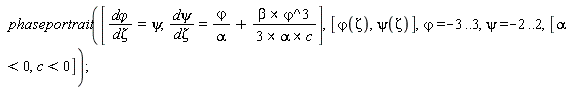 phaseportrait([`d&varphi;`/`d&zeta;` = psi, `d&psi;`/`d&zeta;` = `&varphi;`/alpha+`&x`(beta, `&varphi;`^3)/`&x`(3*alpha, c)], [`&varphi;`(Zeta), psi(Zeta)], `&varphi;` = -3 .. 3, psi = -2 .. 2, [alpha < 0, c < 0])