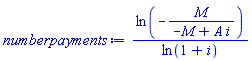 ln(-M/(-M+A*i))/ln(1+i)