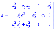 A := Matrix(3, 3, {(1, 1) = a[2]^2+a[2]*a[3], (1, 2) = 0, (1, 3) = a[3]^2, (2, 1) = a[2]^2*a[1]^2, (2, 2) = a[2]^2+a[3], (2, 3) = 0, (3, 1) = a[1]^2*a[3]^2+a[3]^2, (3, 2) = 1, (3, 3) = 0})