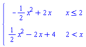 piecewise(x <= 2, -(1/2)*x^2+2*x, 2 < x, (1/2)*x^2-2*x+4)
