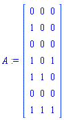 A := Matrix(7, 3, {(1, 1) = 0, (1, 2) = 0, (1, 3) = 0, (2, 1) = 1, (2, 2) = 0, (2, 3) = 0, (3, 1) = 0, (3, 2) = 0, (3, 3) = 0, (4, 1) = 1, (4, 2) = 0, (4, 3) = 1, (5, 1) = 1, (5, 2) = 1, (5, 3) = 0, (6, 1) = 0, (6, 2) = 0, (6, 3) = 0, (7, 1) = 1, (7, 2) = 1, (7, 3) = 1})