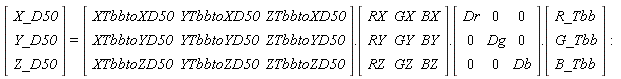 (Vector(3, {(1) = X_D50, (2) = Y_D50, (3) = Z_D50})) = (Matrix(3, 3, {(1, 1) = XTbbtoXD50, (1, 2) = YTbbtoXD50, (1, 3) = ZTbbtoXD50, (2, 1) = XTbbtoYD50, (2, 2) = YTbbtoYD50, (2, 3) = ZTbbtoYD50, (3, 1) = XTbbtoZD50, (3, 2) = YTbbtoZD50, (3, 3) = ZTbbtoZD50})).(Matrix(3, 3, {(1, 1) = RX, (1, 2) = GX, (1, 3) = BX, (2, 1) = RY, (2, 2) = GY, (2, 3) = BY, (3, 1) = RZ, (3, 2) = GZ, (3, 3) = BZ})).(Matrix(3, 3, {(1, 1) = Dr, (1, 2) = 0, (1, 3) = 0, (2, 1) = 0, (2, 2) = Dg, (2, 3) = 0, (3, 1) = 0, (3, 2) = 0, (3, 3) = Db})).(Vector(3, {(1) = R_Tbb, (2) = G_Tbb, (3) = B_Tbb}))