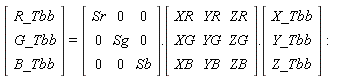 (Vector(3, {(1) = R_Tbb, (2) = G_Tbb, (3) = B_Tbb})) = (Matrix(3, 3, {(1, 1) = Sr, (1, 2) = 0, (1, 3) = 0, (2, 1) = 0, (2, 2) = Sg, (2, 3) = 0, (3, 1) = 0, (3, 2) = 0, (3, 3) = Sb})).(Matrix(3, 3, {(1, 1) = XR, (1, 2) = YR, (1, 3) = ZR, (2, 1) = XG, (2, 2) = YG, (2, 3) = ZG, (3, 1) = XB, (3, 2) = YB, (3, 3) = ZB})).(Vector(3, {(1) = X_Tbb, (2) = Y_Tbb, (3) = Z_Tbb}))