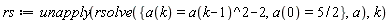 rs := unapply(rsolve({a(0) = 5/2, a(k) = a(k-1)^2-2}, a), k)