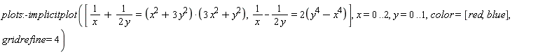 plots:-implicitplot([1/x+1/(2*y) = (x^2+3*y^2)*(3*x^2+y^2), 1/x-1/(2*y) = 2*(-x^4+y^4)], x = 0 .. 2, y = 0 .. 1, color = [red, blue], gridrefine = 4)