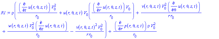 rho((diff(u(r, theta, z, t), t))*V[0]^2/r[0]+u(r, theta, z, t)*V[0]((diff(u(r, theta, z, t), r))*V[0]/r[0])+v(r, theta, z, t)*V[0]^2*(diff(u(r, theta, z, t), theta))/(r*r[0])+w(r, theta, z, t)*V[0]^2*(diff(u(r, theta, z, t), z))/r[0]-v(r, theta, z, t)^2*V[0]^2/(r*r[0]))+(diff(p(r, theta, z, t), r))*rho*V[0]^2/r[0]
