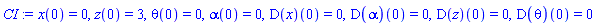 x(0) = 0, z(0) = 3, theta(0) = 0, alpha(0) = 0, (D(x))(0) = 0, (D(alpha))(0) = 0, (D(z))(0) = 0, (D(theta))(0) = 0
