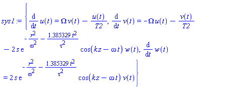 {diff(u(t), t) = Omega*v(t)-u(t)/T2, diff(v(t), t) = -Omega*u(t)-v(t)/T2-2*s*exp(-r^2/omega^2-1.385329*t^2/tau^2)*cos(k*z-omega*t)*w(t), diff(w(t), t) = 2*s*exp(-r^2/omega^2-1.385329*t^2/tau^2)*cos(k*z-omega*t)*v(t)}