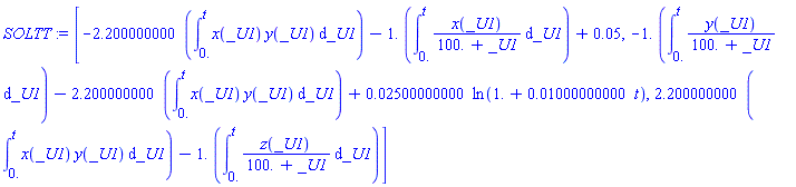 [-2.200000000*(int(x(_U1)*y(_U1), _U1 = 0. .. t))-1.*(int(x(_U1)/(100.+_U1), _U1 = 0. .. t))+0.5e-1, -1.*(int(y(_U1)/(100.+_U1), _U1 = 0. .. t))-2.200000000*(int(x(_U1)*y(_U1), _U1 = 0. .. t))+0.2500000000e-1*ln(1.+0.1000000000e-1*t), 2.200000000*(int(x(_U1)*y(_U1), _U1 = 0. .. t))-1.*(int(z(_U1)/(100.+_U1), _U1 = 0. .. t))]
