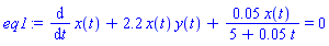 diff(x(t), t)+2.2*x(t)*y(t)+0.5e-1*x(t)/(5+0.5e-1*t) = 0