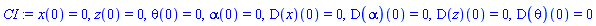 x(0) = 0, z(0) = 0, theta(0) = 0, alpha(0) = 0, (D(x))(0) = 0, (D(alpha))(0) = 0, (D(z))(0) = 0, (D(theta))(0) = 0