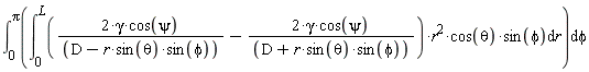 int(int((2*gamma*cos(psi)/(D-r*sin(theta)*sin(phi))-2*gamma*cos(psi)/(D+r*sin(theta)*sin(phi)))*r^2*cos(theta)*sin(phi), r = 0 .. L), phi = 0 .. Pi)