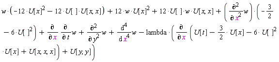 w*(-12*U[x]^2-12*U[]*U[x, x])+12*w*U[x]^2+12*U[]*w*U[x, x]+(diff(w, x, x))*(-3/2-6*U[]^2)+diff(diff(w, t), x)+diff(w, y, y)+diff(w, x, x, x, x)-lambda*(diff(U[t]-(3/2)*U[x]-6*U[]^2*U[x]+U[x, x, x], x)+U[y, y])