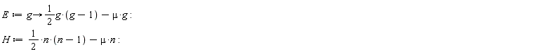 E := proc (g) options operator, arrow; (1/2)*g*(g-1)-mu*g end proc: