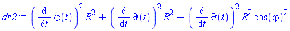(diff(`&varphi;`(t), t))^2*R^2+(diff(`&vartheta;`(t), t))^2*R^2-(diff(`&vartheta;`(t), t))^2*R^2*cos(`&varphi;`)^2