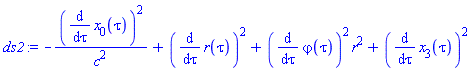 -(diff(x[0](tau), tau))^2/c^2+(diff(r(tau), tau))^2+(diff(`&varphi;`(tau), tau))^2*r^2+(diff(x[3](tau), tau))^2