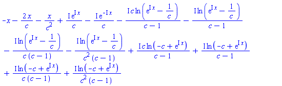-x-2*x/c-x/c^2+I*exp(I*x)/c-I*exp(-I*x)/c-I*c*ln(exp(I*x)-1/c)/(c-1)-I*ln(exp(I*x)-1/c)/(c-1)-I*ln(exp(I*x)-1/c)/(c*(c-1))-I*ln(exp(I*x)-1/c)/(c^2*(c-1))+I*c*ln(-c+exp(I*x))/(c-1)+I*ln(-c+exp(I*x))/(c-1)+I*ln(-c+exp(I*x))/(c*(c-1))+I*ln(-c+exp(I*x))/(c^2*(c-1))