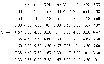 S__p := Matrix(9, 9, {(1, 1) = 0., (1, 2) = 3.30, (1, 3) = 6.60, (1, 4) = 3.30, (1, 5) = 4.67, (1, 6) = 7.38, (1, 7) = 6.60, (1, 8) = 7.38, (1, 9) = 9.33, (2, 1) = 3.30, (2, 2) = 0., (2, 3) = 3.30, (2, 4) = 4.67, (2, 5) = 3.30, (2, 6) = 4.67, (2, 7) = 7.38, (2, 8) = 6.60, (2, 9) = 7.38, (3, 1) = 6.60, (3, 2) = 3.30, (3, 3) = 0., (3, 4) = 7.38, (3, 5) = 4.67, (3, 6) = 3.30, (3, 7) = 9.33, (3, 8) = 7.38, (3, 9) = 6.60, (4, 1) = 3.30, (4, 2) = 4.67, (4, 3) = 7.38, (4, 4) = 0., (4, 5) = 3.30, (4, 6) = 6.60, (4, 7) = 3.30, (4, 8) = 4.67, (4, 9) = 7.38, (5, 1) = 4.67, (5, 2) = 3.30, (5, 3) = 4.67, (5, 4) = 3.30, (5, 5) = 0., (5, 6) = 3.30, (5, 7) = 4.67, (5, 8) = 3.30, (5, 9) = 4.67, (6, 1) = 7.38, (6, 2) = 4.67, (6, 3) = 3.30, (6, 4) = 6.60, (6, 5) = 3.30, (6, 6) = 0., (6, 7) = 7.38, (6, 8) = 4.67, (6, 9) = 3.30, (7, 1) = 6.60, (7, 2) = 7.38, (7, 3) = 9.33, (7, 4) = 3.30, (7, 5) = 4.67, (7, 6) = 7.38, (7, 7) = 0., (7, 8) = 3.30, (7, 9) = 6.60, (8, 1) = 7.38, (8, 2) = 6.60, (8, 3) = 7.38, (8, 4) = 4.67, (8, 5) = 3.30, (8, 6) = 4.67, (8, 7) = 3.30, (8, 8) = 0., (8, 9) = 3.30, (9, 1) = 9.33, (9, 2) = 7.38, (9, 3) = 6.60, (9, 4) = 7.38, (9, 5) = 4.67, (9, 6) = 3.30, (9, 7) = 6.60, (9, 8) = 3.30, (9, 9) = 0.})