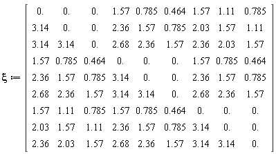 xi := Matrix(9, 9, {(1, 1) = 0., (1, 2) = 0., (1, 3) = 0., (1, 4) = 1.57, (1, 5) = .785, (1, 6) = .464, (1, 7) = 1.57, (1, 8) = 1.11, (1, 9) = .785, (2, 1) = 3.14, (2, 2) = 0., (2, 3) = 0., (2, 4) = 2.36, (2, 5) = 1.57, (2, 6) = .785, (2, 7) = 2.03, (2, 8) = 1.57, (2, 9) = 1.11, (3, 1) = 3.14, (3, 2) = 3.14, (3, 3) = 0., (3, 4) = 2.68, (3, 5) = 2.36, (3, 6) = 1.57, (3, 7) = 2.36, (3, 8) = 2.03, (3, 9) = 1.57, (4, 1) = 1.57, (4, 2) = .785, (4, 3) = .464, (4, 4) = 0., (4, 5) = 0., (4, 6) = 0., (4, 7) = 1.57, (4, 8) = .785, (4, 9) = .464, (5, 1) = 2.36, (5, 2) = 1.57, (5, 3) = .785, (5, 4) = 3.14, (5, 5) = 0., (5, 6) = 0., (5, 7) = 2.36, (5, 8) = 1.57, (5, 9) = .785, (6, 1) = 2.68, (6, 2) = 2.36, (6, 3) = 1.57, (6, 4) = 3.14, (6, 5) = 3.14, (6, 6) = 0., (6, 7) = 2.68, (6, 8) = 2.36, (6, 9) = 1.57, (7, 1) = 1.57, (7, 2) = 1.11, (7, 3) = .785, (7, 4) = 1.57, (7, 5) = .785, (7, 6) = .464, (7, 7) = 0., (7, 8) = 0., (7, 9) = 0., (8, 1) = 2.03, (8, 2) = 1.57, (8, 3) = 1.11, (8, 4) = 2.36, (8, 5) = 1.57, (8, 6) = .785, (8, 7) = 3.14, (8, 8) = 0., (8, 9) = 0., (9, 1) = 2.36, (9, 2) = 2.03, (9, 3) = 1.57, (9, 4) = 2.68, (9, 5) = 2.36, (9, 6) = 1.57, (9, 7) = 3.14, (9, 8) = 3.14, (9, 9) = 0.})