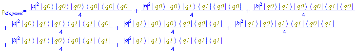 rho[diagonal] = (1/4)*abs(a)^2*Physics:-`*`(Physics:-Ket(q0), Physics:-Ket(q0), Physics:-Ket(q0), Physics:-Bra(q0), Physics:-Bra(q0), Physics:-Bra(q0))+(1/4)*abs(b)^2*Physics:-`*`(Physics:-Ket(q0), Physics:-Ket(q0), Physics:-Ket(q1), Physics:-Bra(q1), Physics:-Bra(q0), Physics:-Bra(q0))+(1/4)*abs(b)^2*Physics:-`*`(Physics:-Ket(q0), Physics:-Ket(q1), Physics:-Ket(q0), Physics:-Bra(q0), Physics:-Bra(q1), Physics:-Bra(q0))+(1/4)*abs(a)^2*Physics:-`*`(Physics:-Ket(q0), Physics:-Ket(q1), Physics:-Ket(q1), Physics:-Bra(q1), Physics:-Bra(q1), Physics:-Bra(q0))+(1/4)*abs(a)^2*Physics:-`*`(Physics:-Ket(q1), Physics:-Ket(q0), Physics:-Ket(q0), Physics:-Bra(q0), Physics:-Bra(q0), Physics:-Bra(q1))+(1/4)*abs(b)^2*Physics:-`*`(Physics:-Ket(q1), Physics:-Ket(q0), Physics:-Ket(q1), Physics:-Bra(q1), Physics:-Bra(q0), Physics:-Bra(q1))+(1/4)*abs(b)^2*Physics:-`*`(Physics:-Ket(q1), Physics:-Ket(q1), Physics:-Ket(q0), Physics:-Bra(q0), Physics:-Bra(q1), Physics:-Bra(q1))+(1/4)*abs(a)^2*Physics:-`*`(Physics:-Ket(q1), Physics:-Ket(q1), Physics:-Ket(q1), Physics:-Bra(q1), Physics:-Bra(q1), Physics:-Bra(q1))