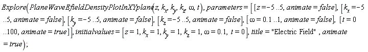 Explore(PlaneWaveEfieldDensityPlotInXYplane(z, k__x, k__y, k__z, omega, t), parameters = [[z = -5 .. 5, animate = false], [k__x = -5 .. 5, animate = false], [k__y = -5 .. 5, animate = false], [k__z = -5 .. 5, animate = false], [omega = .1 .. 1, animate = false], [t = 0 .. 100, animate = true]], initialvalues = [z = 1, k__x = 1, k__y = 1, k__z = 1, omega = .1, t = 0], title = "Electric Field", animate = true)