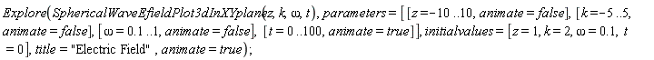 Explore(SphericalWaveEfieldPlot3dInXYplane(z, k, omega, t), parameters = [[z = -10 .. 10, animate = false], [k = -5 .. 5, animate = false], [omega = .1 .. 1, animate = false], [t = 0 .. 100, animate = true]], initialvalues = [z = 1, k = 2, omega = .1, t = 0], title = "Electric Field", animate = true)