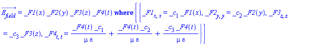 PDESolStruc(E__field_(x, y, z, t) = _F1(x)*_F2(y)*_F3(z)*_F4(t), [{diff(diff(_F1(x), x), x) = _c[1]*_F1(x), diff(diff(_F2(y), y), y) = _c[2]*_F2(y), diff(diff(_F3(z), z), z) = _c[3]*_F3(z), diff(diff(_F4(t), t), t) = _F4(t)*_c[1]/(mu*varepsilon)+_F4(t)*_c[2]/(mu*varepsilon)+_c[3]*_F4(t)/(mu*varepsilon)}])