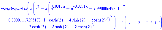 complexplot3d(x*(x^2-x*(exp((0.1e-2*I)*Pi)+exp(-(0.1e-2*I)*Pi)-0.9990006498e-6+0.1117295170e-4*(-cosh(2)-4*sinh(2)+cosh(2)^3)^2/(-2*cosh(2)-8*sinh(2)+2*cosh(2)^3))+1), x = -2-I .. 2+I)