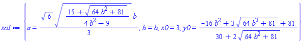 {a = (1/3)*6^(1/2)*((15+(64*b^2+81)^(1/2))/(4*b^2-9))^(1/2)*b, b = b, x0 = 3, y0 = (-16*b^2+3*(64*b^2+81)^(1/2)+81)/(30+2*(64*b^2+81)^(1/2))}