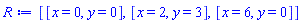 [[x = 0, y = 0], [x = 2, y = 3], [x = 6, y = 0]]