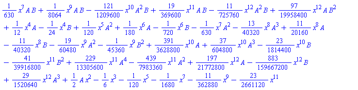 (1/630)*x^7*A*B+(1/8064)*x^9*A*B-(121/1209600)*x^10*A^2*B+(19/369600)*x^11*A*B-(11/725760)*x^12*A^2*B+(97/19958400)*x^12*A*B^2+(1/12)*x^4*A-(1/24)*x^4*B+(1/120)*x^5*A^2+(1/180)*x^6*A-(1/720)*x^6*B-(1/630)*x^7*A^2-(13/40320)*x^8*A^3+(11/20160)*x^8*A-(11/40320)*x^8*B-(19/60480)*x^9*A^2-(1/45360)*x^9*B^2+(391/3628800)*x^10*A+(37/604800)*x^10*A^3-(23/1814400)*x^10*B-(41/39916800)*x^11*B^2+(229/13305600)*x^11*A^4-(439/7983360)*x^11*A^2+(197/21772800)*x^12*A-(883/159667200)*x^12*B+(29/1520640)*x^12*A^3+(1/2)*A*x^2-(1/6)*x^3-(1/120)*x^5-(1/1680)*x^7-(11/362880)*x^9-(23/2661120)*x^11