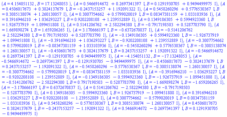 {A = 4.154051132, B = 17.13248053}, {A = .5466914672+.2697341397*I, B = .1291930705+.9494499975*I}, {A = .4506017673+.3824137679*I, B = -.2437153257+1.192091322*I}, {A = .5458260296+.5776530367*I, B = .3085138074+1.260130057*I}, {A = .3007754662+.5799020019*I, B = 0.8347381159e-1+1.033103936*I}, {A = .3916946210+1.036293227*I, B = .9202208108+1.239552889*I}, {A = .1349186305+.5994923360*I, B = 1.926737919+1.099451808*I}, {A = .5141206762+2.582294380*I, B = -.7917198503+.5287783790*I}, {A = 1.669898274*I, B = 1.659206265*I}, {A = 3.170666197*I, B = -.6372670837*I}, {A = -.5141206762+2.582294380*I, B = .7917198503+.5287783790*I}, {A = -.1349186305+.5994923360*I, B = -1.926737919+1.099451808*I}, {A = -.3916946210+1.036293227*I, B = -.9202208108+1.239552889*I}, {A = -.3007754662+.5799020019*I, B = -0.8347381159e-1+1.033103936*I}, {A = -.5458260296+.5776530367*I, B = -.3085138074+1.260130057*I}, {A = -.4506017673+.3824137679*I, B = .2437153257+1.192091322*I}, {A = -.5466914672+.2697341397*I, B = -.1291930705+.9494499975*I}, {A = -4.154051132, B = -17.13248053}, {A = -.5466914672-.2697341397*I, B = -.1291930705-.9494499975*I}, {A = -.4506017673-.3824137679*I, B = .2437153257-1.192091322*I}, {A = -.5458260296-.5776530367*I, B = -.3085138074-1.260130057*I}, {A = -.3007754662-.5799020019*I, B = -0.8347381159e-1-1.033103936*I}, {A = -.3916946210-1.036293227*I, B = -.9202208108-1.239552889*I}, {A = -.1349186305-.5994923360*I, B = -1.926737919-1.099451808*I}, {A = -.5141206762-2.582294380*I, B = .7917198503-.5287783790*I}, {A = -1.669898274*I, B = -1.659206265*I}, {A = -3.170666197*I, B = .6372670837*I}, {A = .5141206762-2.582294380*I, B = -.7917198503-.5287783790*I}, {A = .1349186305-.5994923360*I, B = 1.926737919-1.099451808*I}, {A = .3916946210-1.036293227*I, B = .9202208108-1.239552889*I}, {A = .3007754662-.5799020019*I, B = 0.8347381159e-1-1.033103936*I}, {A = .5458260296-.5776530367*I, B = .3085138074-1.260130057*I}, {A = .4506017673-.3824137679*I, B = -.2437153257-1.192091322*I}, {A = .5466914672-.2697341397*I, B = .1291930705-.9494499975*I}