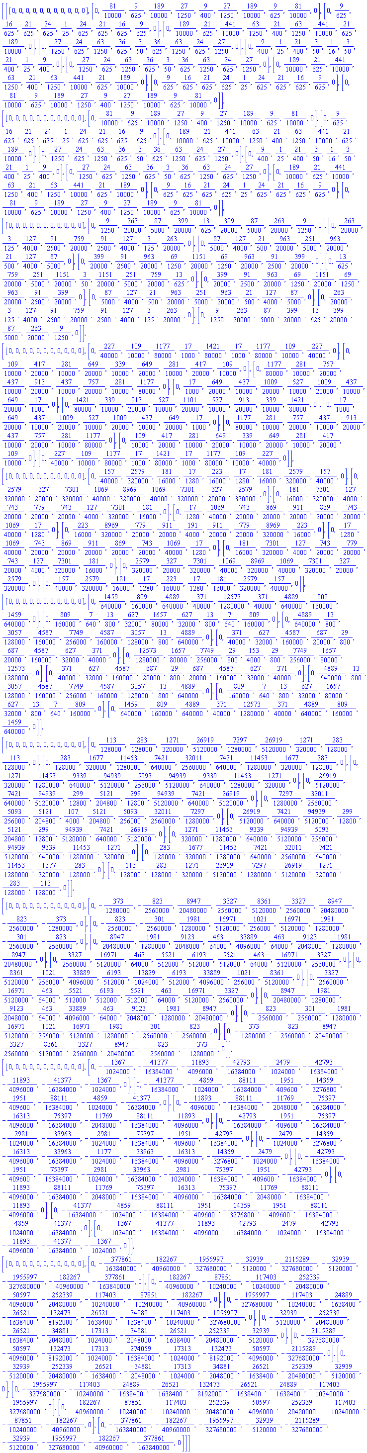 Matrix(10, 10, {(1, 1) = [0, 0, 0, 0, 0, 0, 0, 0, 0, 0, 0], (1, 2) = [0, 81/10000, 9/625, 189/10000, 27/1250, 9/400, 27/1250, 189/10000, 9/625, 81/10000, 0], (1, 3) = [0, 9/625, 16/625, 21/625, 24/625, 1/25, 24/625, 21/625, 16/625, 9/625, 0], (1, 4) = [0, 189/10000, 21/625, 441/10000, 63/1250, 21/400, 63/1250, 441/10000, 21/625, 189/10000, 0], (1, 5) = [0, 27/1250, 24/625, 63/1250, 36/625, 3/50, 36/625, 63/1250, 24/625, 27/1250, 0], (1, 6) = [0, 9/400, 1/25, 21/400, 3/50, 1/16, 3/50, 21/400, 1/25, 9/400, 0], (1, 7) = [0, 27/1250, 24/625, 63/1250, 36/625, 3/50, 36/625, 63/1250, 24/625, 27/1250, 0], (1, 8) = [0, 189/10000, 21/625, 441/10000, 63/1250, 21/400, 63/1250, 441/10000, 21/625, 189/10000, 0], (1, 9) = [0, 9/625, 16/625, 21/625, 24/625, 1/25, 24/625, 21/625, 16/625, 9/625, 0], (1, 10) = [0, 81/10000, 9/625, 189/10000, 27/1250, 9/400, 27/1250, 189/10000, 9/625, 81/10000, 0], (2, 1) = [0, 0, 0, 0, 0, 0, 0, 0, 0, 0, 0], (2, 2) = [0, 81/10000, 9/625, 189/10000, 27/1250, 9/400, 27/1250, 189/10000, 9/625, 81/10000, 0], (2, 3) = [0, 9/625, 16/625, 21/625, 24/625, 1/25, 24/625, 21/625, 16/625, 9/625, 0], (2, 4) = [0, 189/10000, 21/625, 441/10000, 63/1250, 21/400, 63/1250, 441/10000, 21/625, 189/10000, 0], (2, 5) = [0, 27/1250, 24/625, 63/1250, 36/625, 3/50, 36/625, 63/1250, 24/625, 27/1250, 0], (2, 6) = [0, 9/400, 1/25, 21/400, 3/50, 1/16, 3/50, 21/400, 1/25, 9/400, 0], (2, 7) = [0, 27/1250, 24/625, 63/1250, 36/625, 3/50, 36/625, 63/1250, 24/625, 27/1250, 0], (2, 8) = [0, 189/10000, 21/625, 441/10000, 63/1250, 21/400, 63/1250, 441/10000, 21/625, 189/10000, 0], (2, 9) = [0, 9/625, 16/625, 21/625, 24/625, 1/25, 24/625, 21/625, 16/625, 9/625, 0], (2, 10) = [0, 81/10000, 9/625, 189/10000, 27/1250, 9/400, 27/1250, 189/10000, 9/625, 81/10000, 0], (3, 1) = [0, 0, 0, 0, 0, 0, 0, 0, 0, 0, 0], (3, 2) = [0, 9/1250, 263/20000, 87/5000, 399/20000, 13/625, 399/20000, 87/5000, 263/20000, 9/1250, 0], (3, 3) = [0, 263/20000, 3/125, 127/4000, 91/2500, 759/20000, 91/2500, 127/4000, 3/125, 263/20000, 0], (3, 4) = [0, 87/5000, 127/4000, 21/500, 963/20000, 251/5000, 963/20000, 21/500, 127/4000, 87/5000, 0], (3, 5) = [0, 399/20000, 91/2500, 963/20000, 69/1250, 1151/20000, 69/1250, 963/20000, 91/2500, 399/20000, 0], (3, 6) = [0, 13/625, 759/20000, 251/5000, 1151/20000, 3/50, 1151/20000, 251/5000, 759/20000, 13/625, 0], (3, 7) = [0, 399/20000, 91/2500, 963/20000, 69/1250, 1151/20000, 69/1250, 963/20000, 91/2500, 399/20000, 0], (3, 8) = [0, 87/5000, 127/4000, 21/500, 963/20000, 251/5000, 963/20000, 21/500, 127/4000, 87/5000, 0], (3, 9) = [0, 263/20000, 3/125, 127/4000, 91/2500, 759/20000, 91/2500, 127/4000, 3/125, 263/20000, 0], (3, 10) = [0, 9/1250, 263/20000, 87/5000, 399/20000, 13/625, 399/20000, 87/5000, 263/20000, 9/1250, 0], (4, 1) = [0, 0, 0, 0, 0, 0, 0, 0, 0, 0, 0], (4, 2) = [0, 227/40000, 109/10000, 1177/80000, 17/1000, 1421/80000, 17/1000, 1177/80000, 109/10000, 227/40000, 0], (4, 3) = [0, 109/10000, 417/20000, 281/10000, 649/20000, 339/10000, 649/20000, 281/10000, 417/20000, 109/10000, 0], (4, 4) = [0, 1177/80000, 281/10000, 757/20000, 437/10000, 913/20000, 437/10000, 757/20000, 281/10000, 1177/80000, 0], (4, 5) = [0, 17/1000, 649/20000, 437/10000, 1009/20000, 527/10000, 1009/20000, 437/10000, 649/20000, 17/1000, 0], (4, 6) = [0, 1421/80000, 339/10000, 913/20000, 527/10000, 1101/20000, 527/10000, 913/20000, 339/10000, 1421/80000, 0], (4, 7) = [0, 17/1000, 649/20000, 437/10000, 1009/20000, 527/10000, 1009/20000, 437/10000, 649/20000, 17/1000, 0], (4, 8) = [0, 1177/80000, 281/10000, 757/20000, 437/10000, 913/20000, 437/10000, 757/20000, 281/10000, 1177/80000, 0], (4, 9) = [0, 109/10000, 417/20000, 281/10000, 649/20000, 339/10000, 649/20000, 281/10000, 417/20000, 109/10000, 0], (4, 10) = [0, 227/40000, 109/10000, 1177/80000, 17/1000, 1421/80000, 17/1000, 1177/80000, 109/10000, 227/40000, 0], (5, 1) = [0, 0, 0, 0, 0, 0, 0, 0, 0, 0, 0], (5, 2) = [0, 157/40000, 2579/320000, 181/16000, 17/1280, 223/16000, 17/1280, 181/16000, 2579/320000, 157/40000, 0], (5, 3) = [0, 2579/320000, 327/20000, 7301/320000, 1069/40000, 8969/320000, 1069/40000, 7301/320000, 327/20000, 2579/320000, 0], (5, 4) = [0, 181/16000, 7301/320000, 127/4000, 743/20000, 779/20000, 743/20000, 127/4000, 7301/320000, 181/16000, 0], (5, 5) = [0, 17/1280, 1069/40000, 743/20000, 869/20000, 911/20000, 869/20000, 743/20000, 1069/40000, 17/1280, 0], (5, 6) = [0, 223/16000, 8969/320000, 779/20000, 911/20000, 191/4000, 911/20000, 779/20000, 8969/320000, 223/16000, 0], (5, 7) = [0, 17/1280, 1069/40000, 743/20000, 869/20000, 911/20000, 869/20000, 743/20000, 1069/40000, 17/1280, 0], (5, 8) = [0, 181/16000, 7301/320000, 127/4000, 743/20000, 779/20000, 743/20000, 127/4000, 7301/320000, 181/16000, 0], (5, 9) = [0, 2579/320000, 327/20000, 7301/320000, 1069/40000, 8969/320000, 1069/40000, 7301/320000, 327/20000, 2579/320000, 0], (5, 10) = [0, 157/40000, 2579/320000, 181/16000, 17/1280, 223/16000, 17/1280, 181/16000, 2579/320000, 157/40000, 0], (6, 1) = [0, 0, 0, 0, 0, 0, 0, 0, 0, 0, 0], (6, 2) = [0, 1459/640000, 809/160000, 4889/640000, 371/40000, 12573/1280000, 371/40000, 4889/640000, 809/160000, 1459/640000, 0], (6, 3) = [0, 809/160000, 7/640, 13/800, 627/32000, 1657/80000, 627/32000, 13/800, 7/640, 809/160000, 0], (6, 4) = [0, 4889/640000, 13/800, 3057/128000, 4587/160000, 7749/256000, 4587/160000, 3057/128000, 13/800, 4889/640000, 0], (6, 5) = [0, 371/40000, 627/32000, 4587/160000, 687/20000, 29/800, 687/20000, 4587/160000, 627/32000, 371/40000, 0], (6, 6) = [0, 12573/1280000, 1657/80000, 7749/256000, 29/800, 153/4000, 29/800, 7749/256000, 1657/80000, 12573/1280000, 0], (6, 7) = [0, 371/40000, 627/32000, 4587/160000, 687/20000, 29/800, 687/20000, 4587/160000, 627/32000, 371/40000, 0], (6, 8) = [0, 4889/640000, 13/800, 3057/128000, 4587/160000, 7749/256000, 4587/160000, 3057/128000, 13/800, 4889/640000, 0], (6, 9) = [0, 809/160000, 7/640, 13/800, 627/32000, 1657/80000, 627/32000, 13/800, 7/640, 809/160000, 0], (6, 10) = [0, 1459/640000, 809/160000, 4889/640000, 371/40000, 12573/1280000, 371/40000, 4889/640000, 809/160000, 1459/640000, 0], (7, 1) = [0, 0, 0, 0, 0, 0, 0, 0, 0, 0, 0], (7, 2) = [0, 113/128000, 283/128000, 1271/320000, 26919/5120000, 7297/1280000, 26919/5120000, 1271/320000, 283/128000, 113/128000, 0], (7, 3) = [0, 283/128000, 1677/320000, 11453/1280000, 7421/640000, 32011/2560000, 7421/640000, 11453/1280000, 1677/320000, 283/128000, 0], (7, 4) = [0, 1271/320000, 11453/1280000, 9339/640000, 94939/5120000, 5093/256000, 94939/5120000, 9339/640000, 11453/1280000, 1271/320000, 0], (7, 5) = [0, 26919/5120000, 7421/640000, 94939/5120000, 299/12800, 5121/204800, 299/12800, 94939/5120000, 7421/640000, 26919/5120000, 0], (7, 6) = [0, 7297/1280000, 32011/2560000, 5093/256000, 5121/204800, 107/4000, 5121/204800, 5093/256000, 32011/2560000, 7297/1280000, 0], (7, 7) = [0, 26919/5120000, 7421/640000, 94939/5120000, 299/12800, 5121/204800, 299/12800, 94939/5120000, 7421/640000, 26919/5120000, 0], (7, 8) = [0, 1271/320000, 11453/1280000, 9339/640000, 94939/5120000, 5093/256000, 94939/5120000, 9339/640000, 11453/1280000, 1271/320000, 0], (7, 9) = [0, 283/128000, 1677/320000, 11453/1280000, 7421/640000, 32011/2560000, 7421/640000, 11453/1280000, 1677/320000, 283/128000, 0], (7, 10) = [0, 113/128000, 283/128000, 1271/320000, 26919/5120000, 7297/1280000, 26919/5120000, 1271/320000, 283/128000, 113/128000, 0], (8, 1) = [0, 0, 0, 0, 0, 0, 0, 0, 0, 0, 0], (8, 2) = [0, -373/1280000, -823/2560000, 8947/20480000, 3327/2560000, 8361/5120000, 3327/2560000, 8947/20480000, -823/2560000, -373/1280000, 0], (8, 3) = [0, -823/2560000, -301/2560000, 1981/1280000, 16971/5120000, 1021/256000, 16971/5120000, 1981/1280000, -301/2560000, -823/2560000, 0], (8, 4) = [0, 8947/20480000, 1981/1280000, 9123/2048000, 463/64000, 33889/4096000, 463/64000, 9123/2048000, 1981/1280000, 8947/20480000, 0], (8, 5) = [0, 3327/2560000, 16971/5120000, 463/64000, 5521/512000, 6193/512000, 5521/512000, 463/64000, 16971/5120000, 3327/2560000, 0], (8, 6) = [0, 8361/5120000, 1021/256000, 33889/4096000, 6193/512000, 13829/1024000, 6193/512000, 33889/4096000, 1021/256000, 8361/5120000, 0], (8, 7) = [0, 3327/2560000, 16971/5120000, 463/64000, 5521/512000, 6193/512000, 5521/512000, 463/64000, 16971/5120000, 3327/2560000, 0], (8, 8) = [0, 8947/20480000, 1981/1280000, 9123/2048000, 463/64000, 33889/4096000, 463/64000, 9123/2048000, 1981/1280000, 8947/20480000, 0], (8, 9) = [0, -823/2560000, -301/2560000, 1981/1280000, 16971/5120000, 1021/256000, 16971/5120000, 1981/1280000, -301/2560000, -823/2560000, 0], (8, 10) = [0, -373/1280000, -823/2560000, 8947/20480000, 3327/2560000, 8361/5120000, 3327/2560000, 8947/20480000, -823/2560000, -373/1280000, 0], (9, 1) = [0, 0, 0, 0, 0, 0, 0, 0, 0, 0, 0], (9, 2) = [0, -1367/1024000, -41377/16384000, -11893/4096000, -42793/16384000, -2479/1024000, -42793/16384000, -11893/4096000, -41377/16384000, -1367/1024000, 0], (9, 3) = [0, -41377/16384000, -4859/1024000, -88111/16384000, -1951/409600, -14359/3276800, -1951/409600, -88111/16384000, -4859/1024000, -41377/16384000, 0], (9, 4) = [0, -11893/4096000, -88111/16384000, -11769/2048000, -75397/16384000, -16313/4096000, -75397/16384000, -11769/2048000, -88111/16384000, -11893/4096000, 0], (9, 5) = [0, -42793/16384000, -1951/409600, -75397/16384000, -2981/1024000, -33963/16384000, -2981/1024000, -75397/16384000, -1951/409600, -42793/16384000, 0], (9, 6) = [0, -2479/1024000, -14359/3276800, -16313/4096000, -33963/16384000, -1177/1024000, -33963/16384000, -16313/4096000, -14359/3276800, -2479/1024000, 0], (9, 7) = [0, -42793/16384000, -1951/409600, -75397/16384000, -2981/1024000, -33963/16384000, -2981/1024000, -75397/16384000, -1951/409600, -42793/16384000, 0], (9, 8) = [0, -11893/4096000, -88111/16384000, -11769/2048000, -75397/16384000, -16313/4096000, -75397/16384000, -11769/2048000, -88111/16384000, -11893/4096000, 0], (9, 9) = [0, -41377/16384000, -4859/1024000, -88111/16384000, -1951/409600, -14359/3276800, -1951/409600, -88111/16384000, -4859/1024000, -41377/16384000, 0], (9, 10) = [0, -1367/1024000, -41377/16384000, -11893/4096000, -42793/16384000, -2479/1024000, -42793/16384000, -11893/4096000, -41377/16384000, -1367/1024000, 0], (10, 1) = [0, 0, 0, 0, 0, 0, 0, 0, 0, 0, 0], (10, 2) = [0, -377861/163840000, -182267/40960000, -1955997/327680000, -32939/5120000, -2115289/327680000, -32939/5120000, -1955997/327680000, -182267/40960000, -377861/163840000, 0], (10, 3) = [0, -182267/40960000, -87851/10240000, -117403/10240000, -252339/20480000, -50597/4096000, -252339/20480000, -117403/10240000, -87851/10240000, -182267/40960000, 0], (10, 4) = [0, -1955997/327680000, -117403/10240000, -24889/1638400, -26521/1638400, -132473/8192000, -26521/1638400, -24889/1638400, -117403/10240000, -1955997/327680000, 0], (10, 5) = [0, -32939/5120000, -252339/20480000, -26521/1638400, -34881/2048000, -17313/1024000, -34881/2048000, -26521/1638400, -252339/20480000, -32939/5120000, 0], (10, 6) = [0, -2115289/327680000, -50597/4096000, -132473/8192000, -17313/1024000, -274059/16384000, -17313/1024000, -132473/8192000, -50597/4096000, -2115289/327680000, 0], (10, 7) = [0, -32939/5120000, -252339/20480000, -26521/1638400, -34881/2048000, -17313/1024000, -34881/2048000, -26521/1638400, -252339/20480000, -32939/5120000, 0], (10, 8) = [0, -1955997/327680000, -117403/10240000, -24889/1638400, -26521/1638400, -132473/8192000, -26521/1638400, -24889/1638400, -117403/10240000, -1955997/327680000, 0], (10, 9) = [0, -182267/40960000, -87851/10240000, -117403/10240000, -252339/20480000, -50597/4096000, -252339/20480000, -117403/10240000, -87851/10240000, -182267/40960000, 0], (10, 10) = [0, -377861/163840000, -182267/40960000, -1955997/327680000, -32939/5120000, -2115289/327680000, -32939/5120000, -1955997/327680000, -182267/40960000, -377861/163840000, 0]})