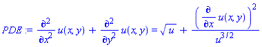 diff(diff(u(x, y), x), x)+diff(diff(u(x, y), y), y) = u^(1/2)+(diff(u(x, y), x))^2/u^(3/2)