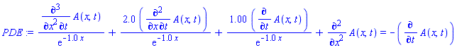 (diff(diff(diff(A(x, t), t), x), x))/exp(-1.0*x)+2.0*(diff(diff(A(x, t), t), x))/exp(-1.0*x)+1.00*(diff(A(x, t), t))/exp(-1.0*x)+diff(diff(A(x, t), x), x) = -(diff(A(x, t), t))