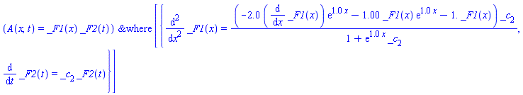 PDESolStruc(A(x, t) = _F1(x)*_F2(t), [{diff(_F2(t), t) = _c[2]*_F2(t), diff(diff(_F1(x), x), x) = (-2.0*(diff(_F1(x), x))*exp(1.0*x)-1.00*_F1(x)*exp(1.0*x)-1.*_F1(x))*_c[2]/(1+exp(1.0*x)*_c[2])}])