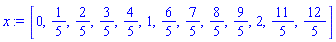 [0, 1/5, 2/5, 3/5, 4/5, 1, 6/5, 7/5, 8/5, 9/5, 2, 11/5, 12/5]
