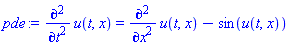 diff(diff(u(t, x), t), t) = diff(diff(u(t, x), x), x)-sin(u(t, x))