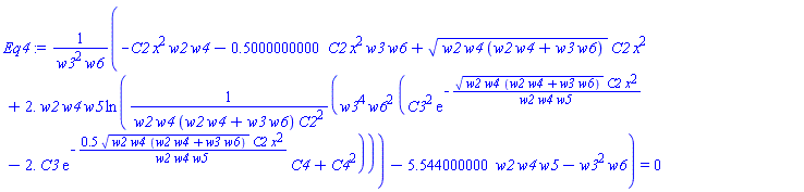 (-C2*x^2*w2*w4-.5000000000*C2*x^2*w3*w6+(w2*w4*(w2*w4+w3*w6))^(1/2)*C2*x^2+2.*w2*w4*w5*ln(w3^4*w6^2*(C3^2*exp(-(w2*w4*(w2*w4+w3*w6))^(1/2)*C2*x^2/(w2*w4*w5))-2.*C3*exp(-.5*(w2*w4*(w2*w4+w3*w6))^(1/2)*C2*x^2/(w2*w4*w5))*C4+C4^2)/(w2*w4*(w2*w4+w3*w6)*C2^2))-5.544000000*w2*w4*w5-w3^2*w6)/(w3^2*w6) = 0
