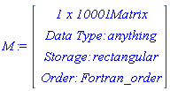 M := Vector(4, {(1) = ` 1 x 10001 `*Matrix, (2) = `Data Type: `*anything, (3) = `Storage: `*rectangular, (4) = `Order: `*Fortran_order})